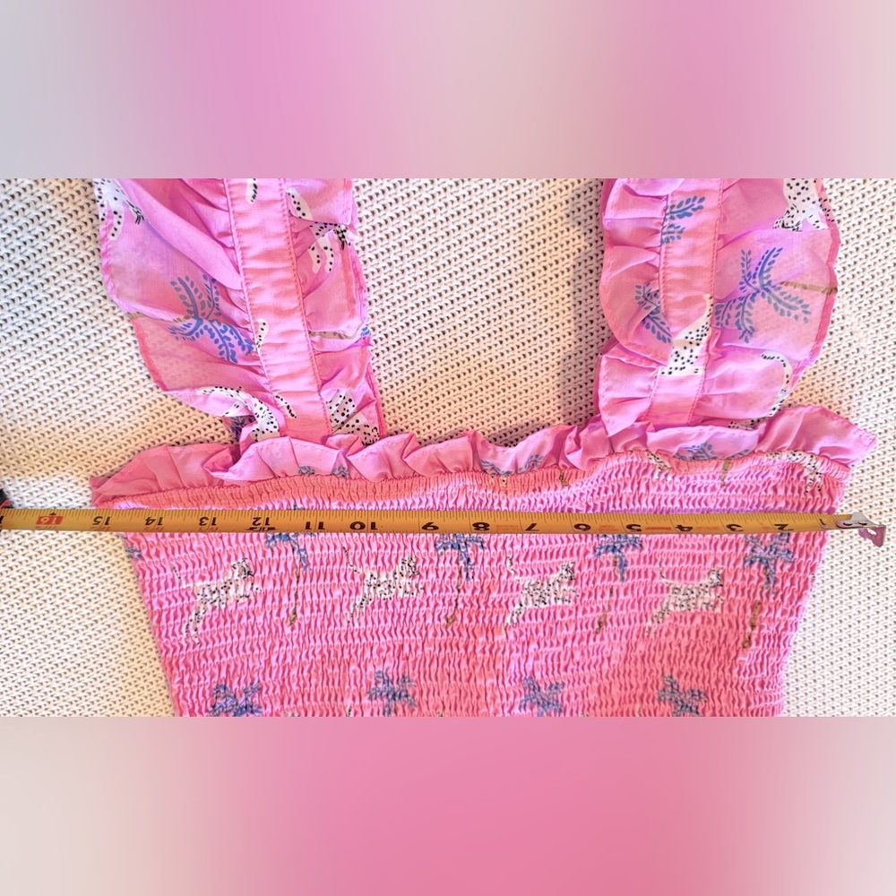 J. MARIE Remi Ruched Smocked Pink & Purple Leopard Palm Tree Ruffle Top Blouse - Picture 13 of 15